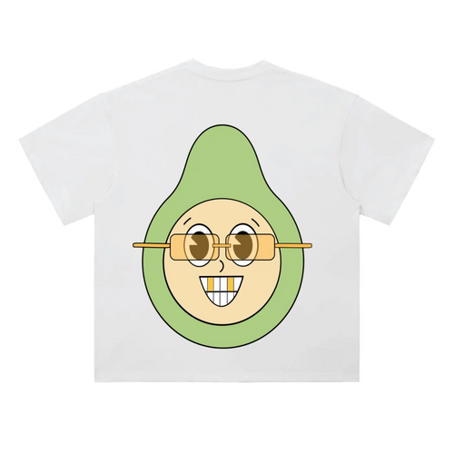 White t-shirt with an avocado character wearing sunglasses on a white background