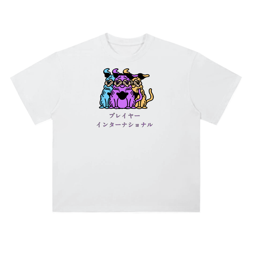 White t-shirt with colorful cartoon characters and Japanese text on a white background