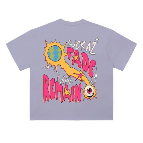 purple t-shirt with colorful graphic design on the back